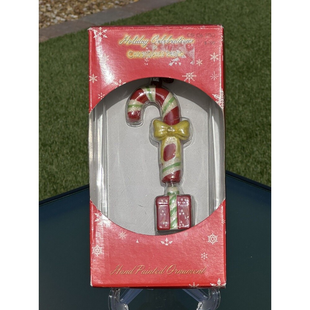 Christopher Radko Holiday Celebrations Hand Painted Cany Cane with Gift Ornament